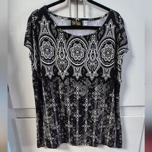 Bob Mackie Wearable Art Black Short Sleeve Round Neck Geometric Blouse Size XL